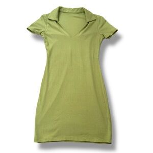 Green Ribbed Polo Collar Dress